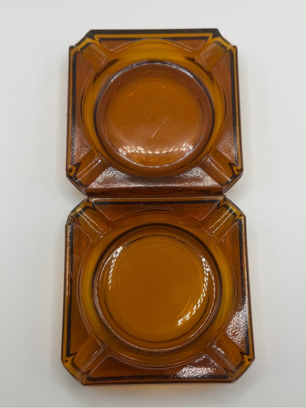 VINTAGE‎ Amber Glass Ashtray Square Cigarette Ash Tray Set of 2 Matching